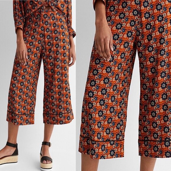 NEW Smythe Printed Wide Leg Cropped Pants‎ Batik Floral Size XS Rust Floral Boho - Picture 1 of 12